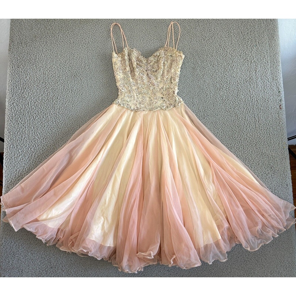 Vintage 50s Sheer Print Princess Dress Prom Tulle Petticoat Corset